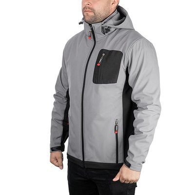 Куртка SOFTSHELL світло сіро-чорна, з капюшоном, тришарова, тканина - стрейч 300 GSM 100D, з водо- і вітрозахистом, розмір XL INTERTOOL SP-3124 SP-3124 фото