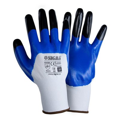 Рукавички трикотажні з частковим нітриловим покриттям посилені пальці р10 (синьо-чорні, манжет) SIGMA (9443641) 9443641 фото