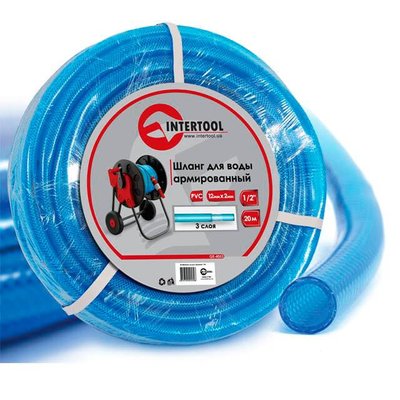 Шланг для води тришаровий, синій, 1/2", 20 м, армований, PVC INTERTOOL GE-4053 GE-4053 фото