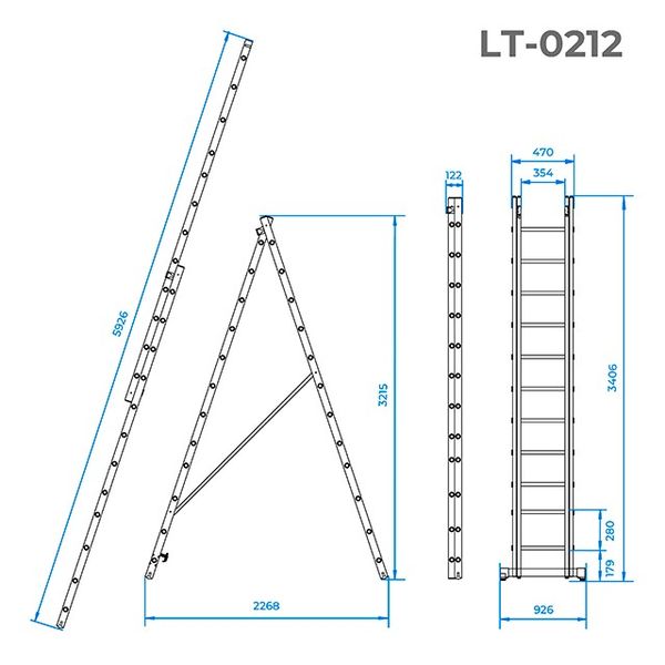 Лестница алюминиевая, 2-х секционная, универсальная, раскладная, 2*12 ступ., 5,9 м INTERTOOL LT-0212 LT-0212 фото