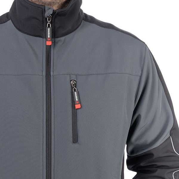 Куртка SOFTSHELL темно сіра-чорна, тришарова, тканина - стрейч 300 GSM 100D з водо- і вітрозахистом, розмір М INTERTOOL SP-3132 SP-3132 фото