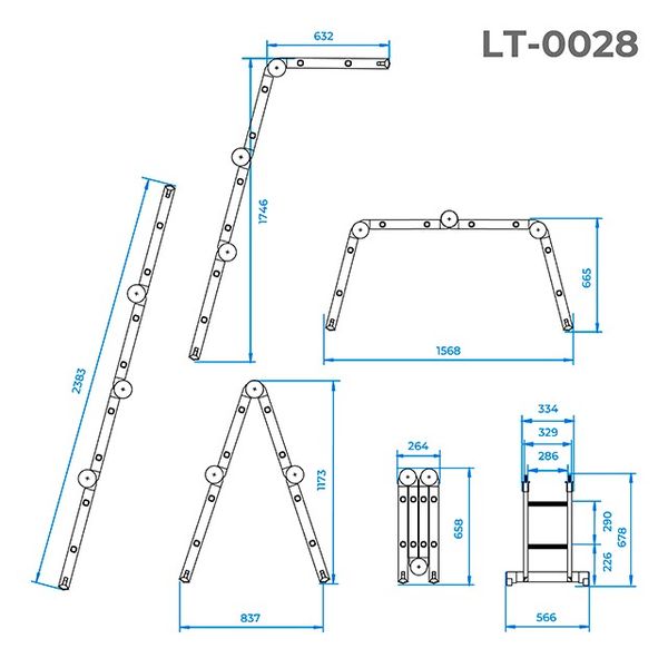 Лестница алюминиевая мультифункциональная трансформер 4*2 ступ. 2.38м INTERTOOL LT-0028 LT-0028 фото